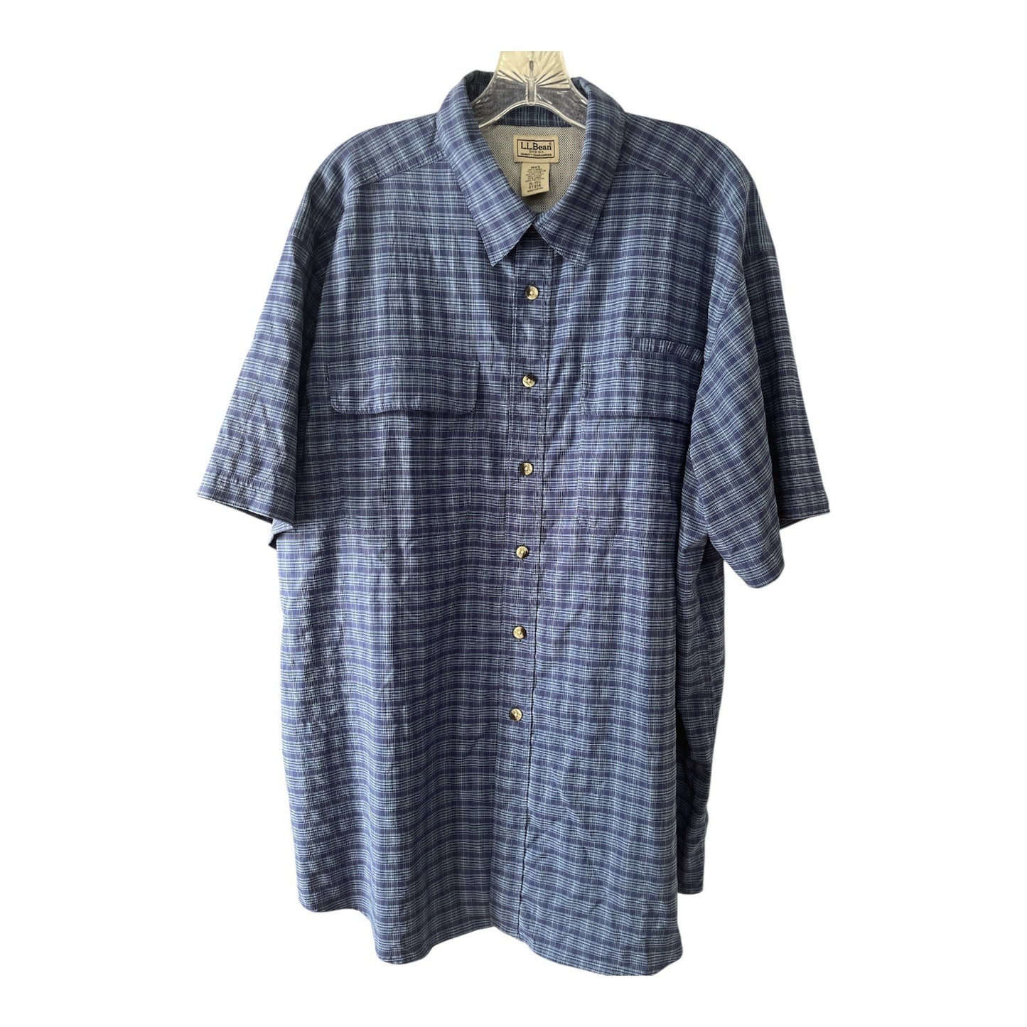 L.L.Bean Men’s CoolMax Short-Sleeve Fishing Shirt XL Regular – Blue Plaid Vented