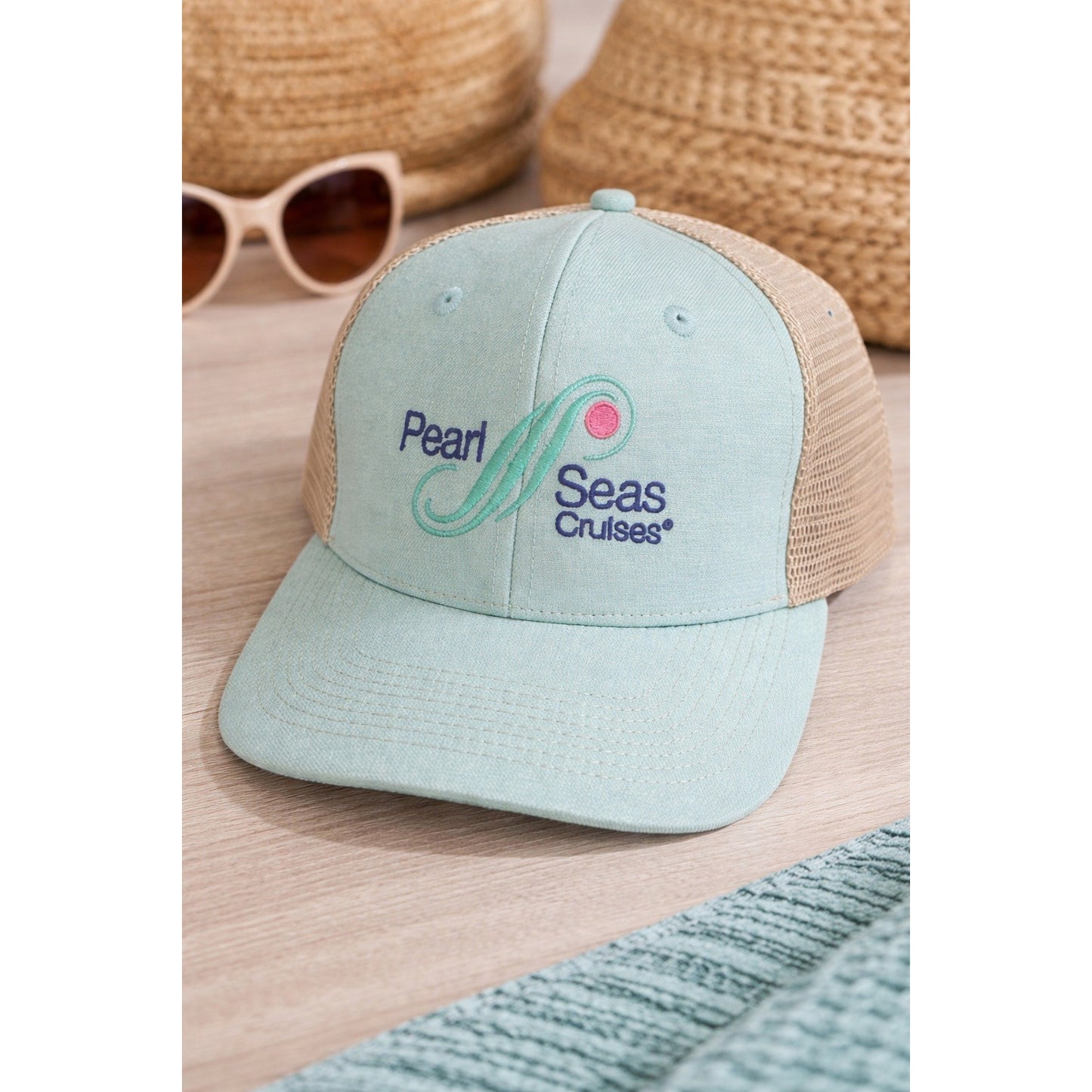Coastal Mint Green Trucker Hat Mesh Snapback Beach Resort Vacation Cap Pearl Seas Cruises
