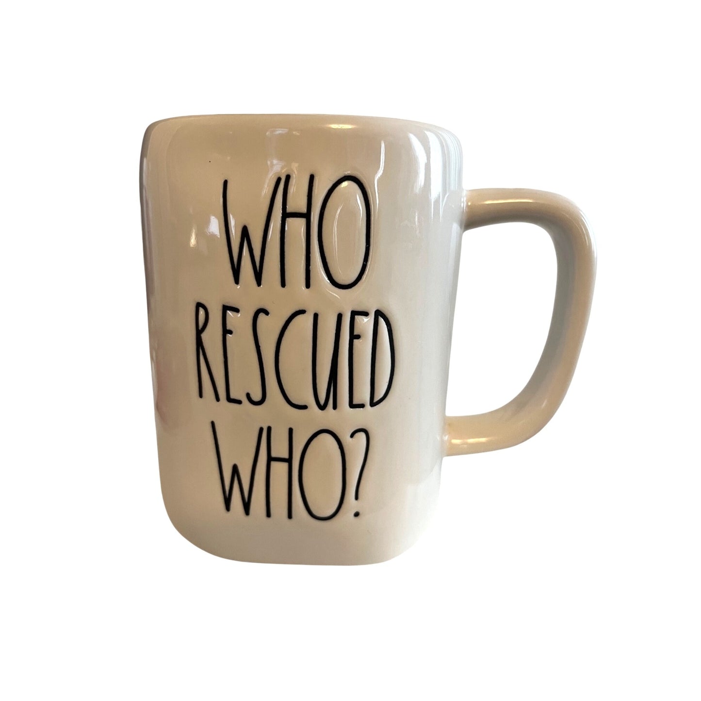 Rae Dunn WHO RESCUED WHO Mug 5 x 3.25 Cream Artisan Collection Pet Lover Cup