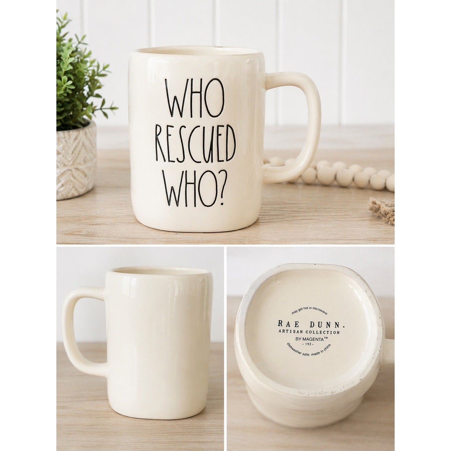 Rae Dunn WHO RESCUED WHO Mug 5 x 3.25 Cream Artisan Collection Pet Lover Cup