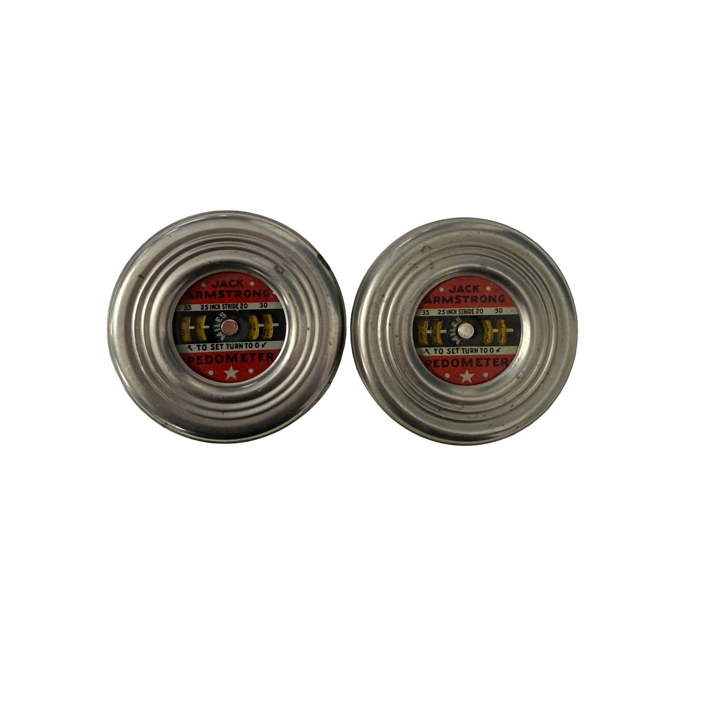 Lot of 2 Vintage Jack Armstrong Pedometers Metal Belt Clip Step Counters Untested