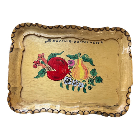 60s-70s Hand-Painted Wooden Souvenir Tray – Casteldaccia Italy – Fruit & Floral Design – 12 x 9 in