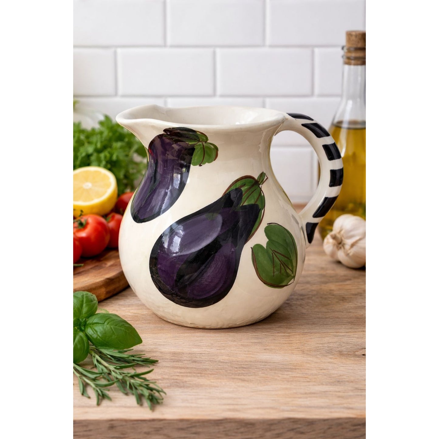 Antica Fornace Italian Ceramic Pitcher Eggplant Pattern Hand Painted 8 x 7 Inch
