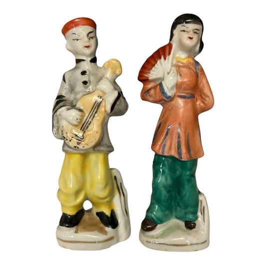 Vintage Made in Japan Asian Figurines – Musician & Fan Dancer Pair, Hand Painted, 5”