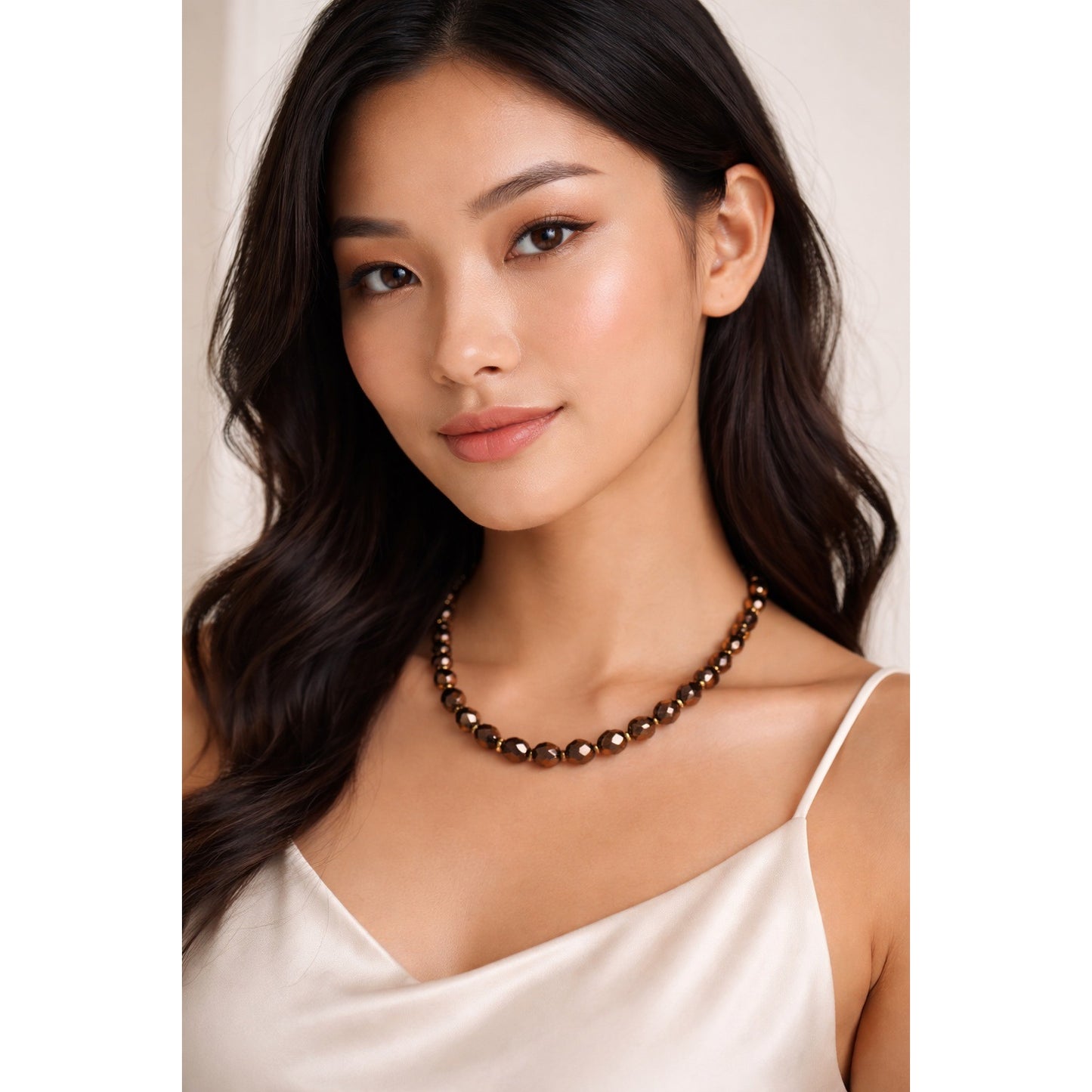 Premier Designs Brown Faceted Bead Necklace Gold Tone Spacers Adjustable Vintage