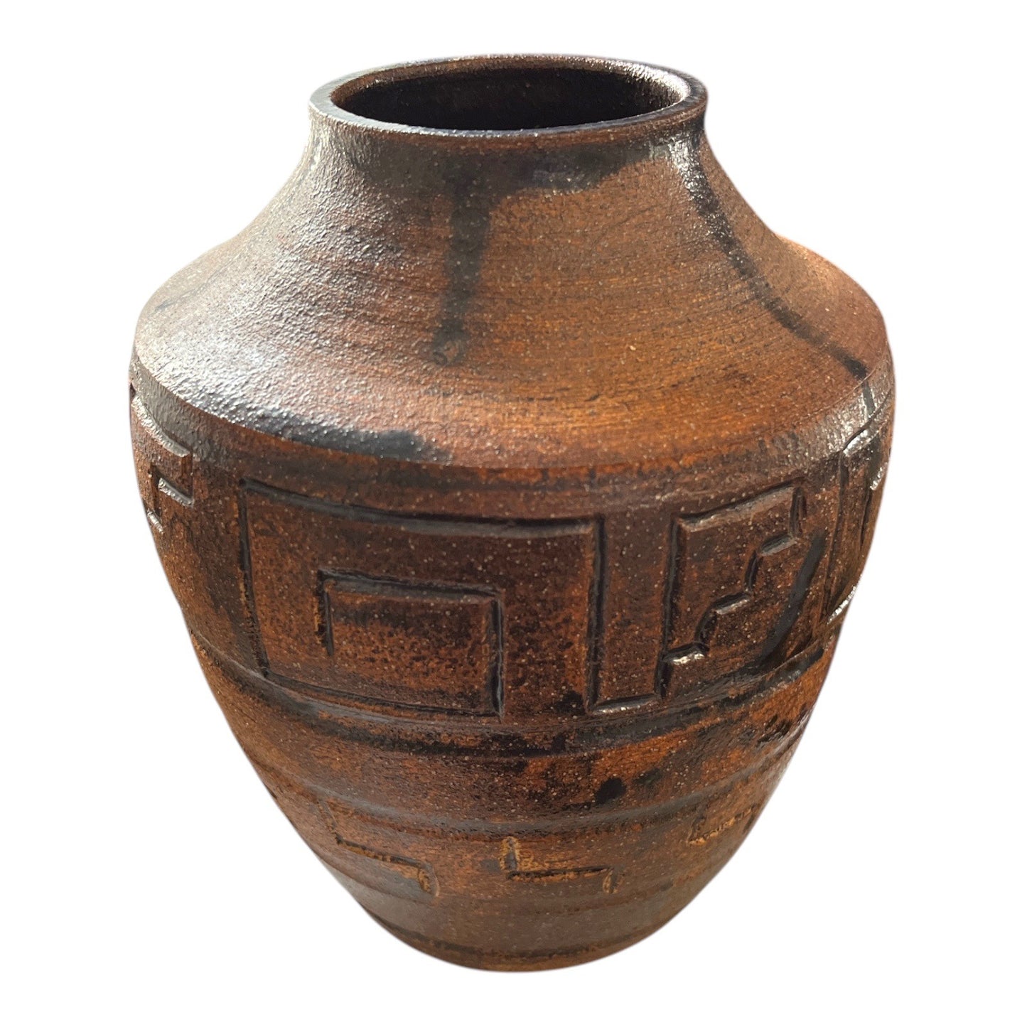 Signed Studio Pottery Vase TOMARIS 1996 Hand Thrown Brown Geometric Stoneware