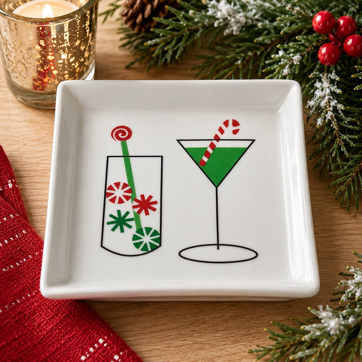 Crate & Barrel Candy Cane Cocktail Christmas Appetizer Plate 6” Square Holiday