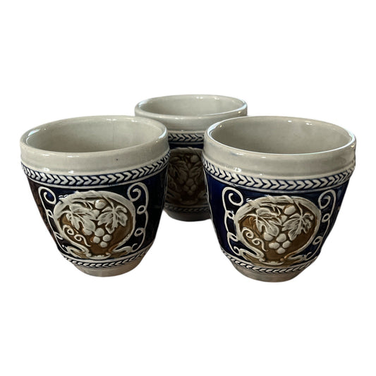 Set of 3 Vintage German Wick-Werke Style Stoneware Wine Cups – Rare Brown & Blue Grapevine Relief – 3 x 3.5"