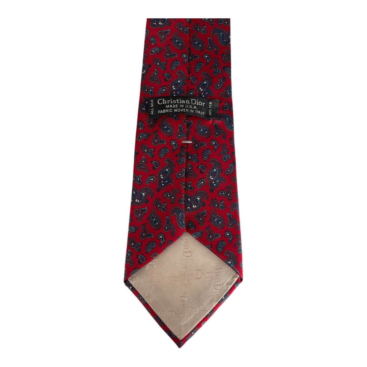 Christian Dior All Silk Paisley Necktie Red Blue Made in USA Fabric Woven in Italy