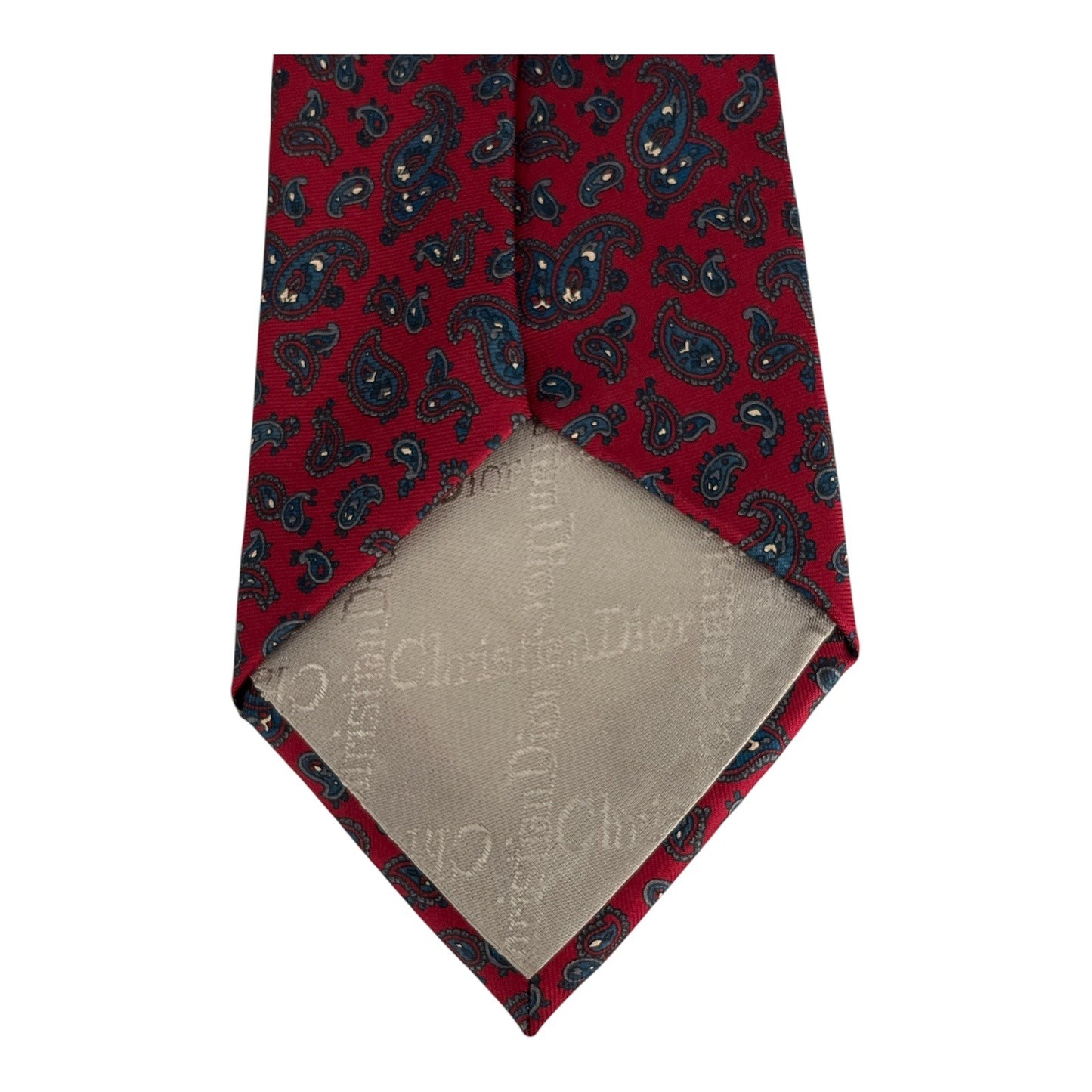 Christian Dior All Silk Paisley Necktie Red Blue Made in USA Fabric Woven in Italy