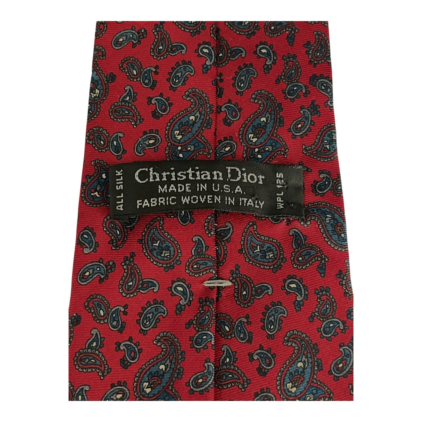 Christian Dior All Silk Paisley Necktie Red Blue Made in USA Fabric Woven in Italy
