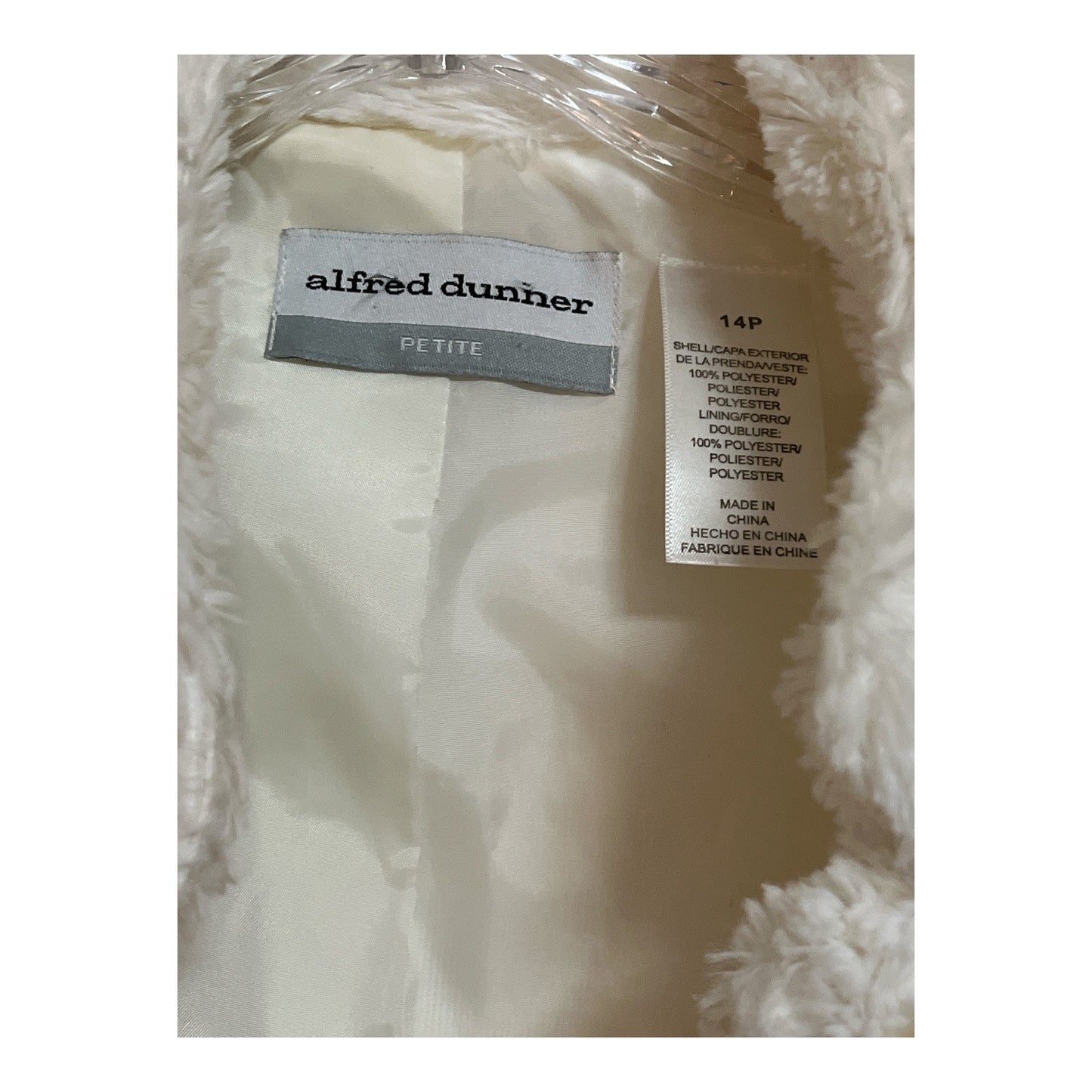 Alfred Dunner Petite Faux Fur Jacket Cream 14P Soft Plush Winter Coat
