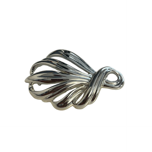 Monet Silver Tone Ribbon Swirl Brooch Vintage Abstract Leaf Pin 2.5”