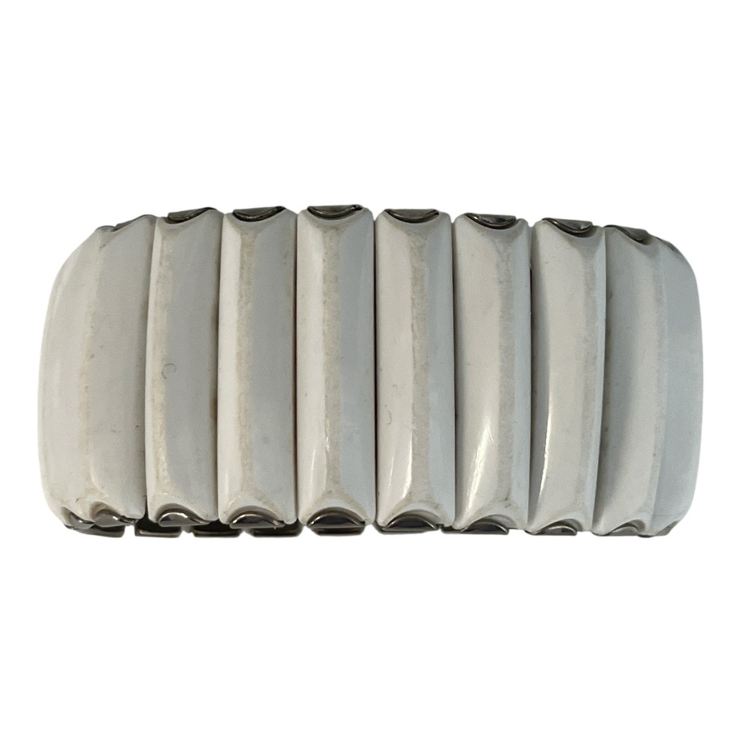 Vintage White Enamel Stretch Bracelet Silver Tone Link Design