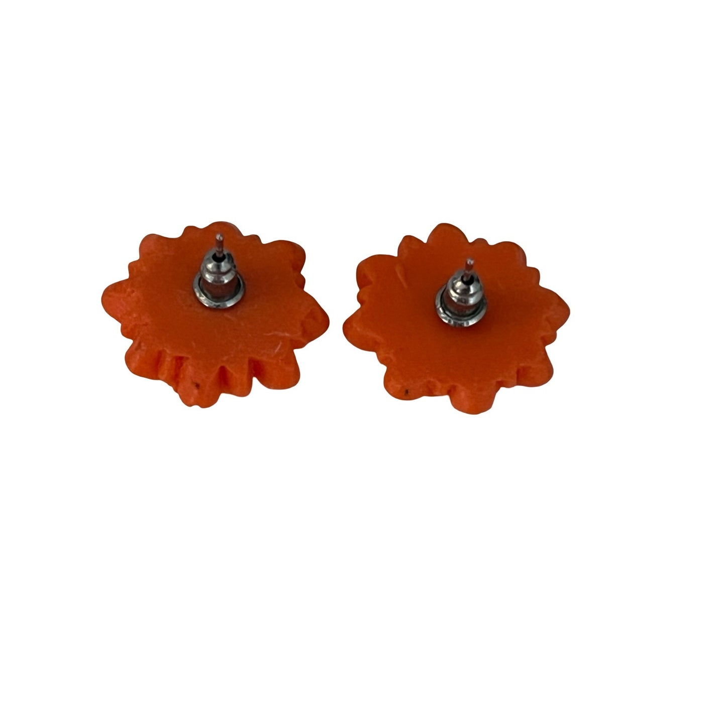 Vintage Orange Floral Stud Earrings Carved Resin Chrysanthemum Retro .75"