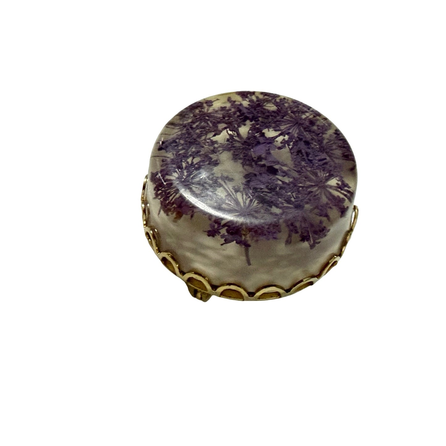 Vintage Dried Flower Resin Brooch Purple Botanical Floral Cabochon Pin 1"