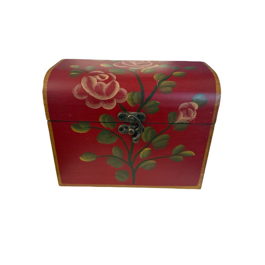 Vintage Hand Painted Floral Wooden Treasure Chest Jewelry Box Red Roses Emrad Creations