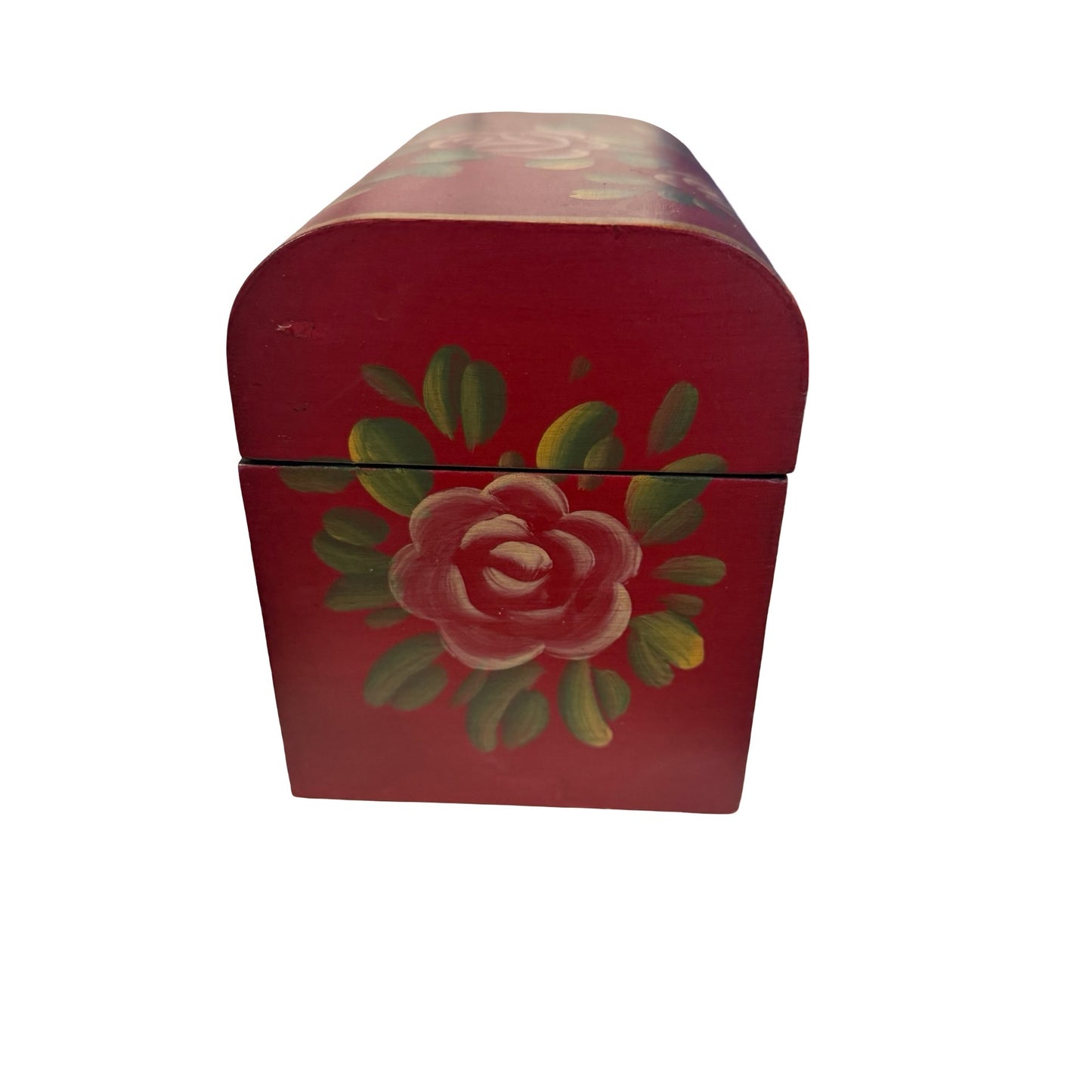 Vintage Hand Painted Floral Wooden Treasure Chest Jewelry Box Red Roses Emrad Creations