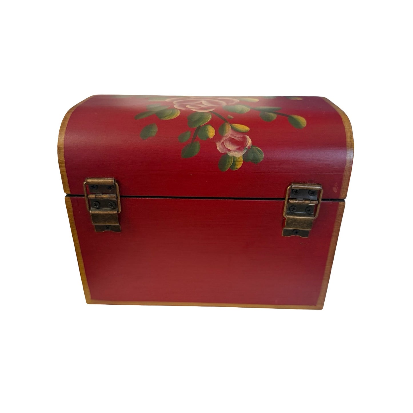 Vintage Hand Painted Floral Wooden Treasure Chest Jewelry Box Red Roses Emrad Creations