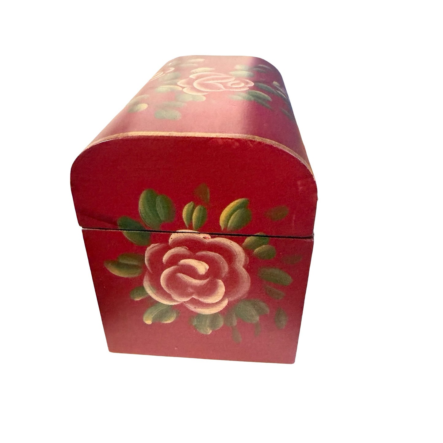 Vintage Hand Painted Floral Wooden Treasure Chest Jewelry Box Red Roses Emrad Creations