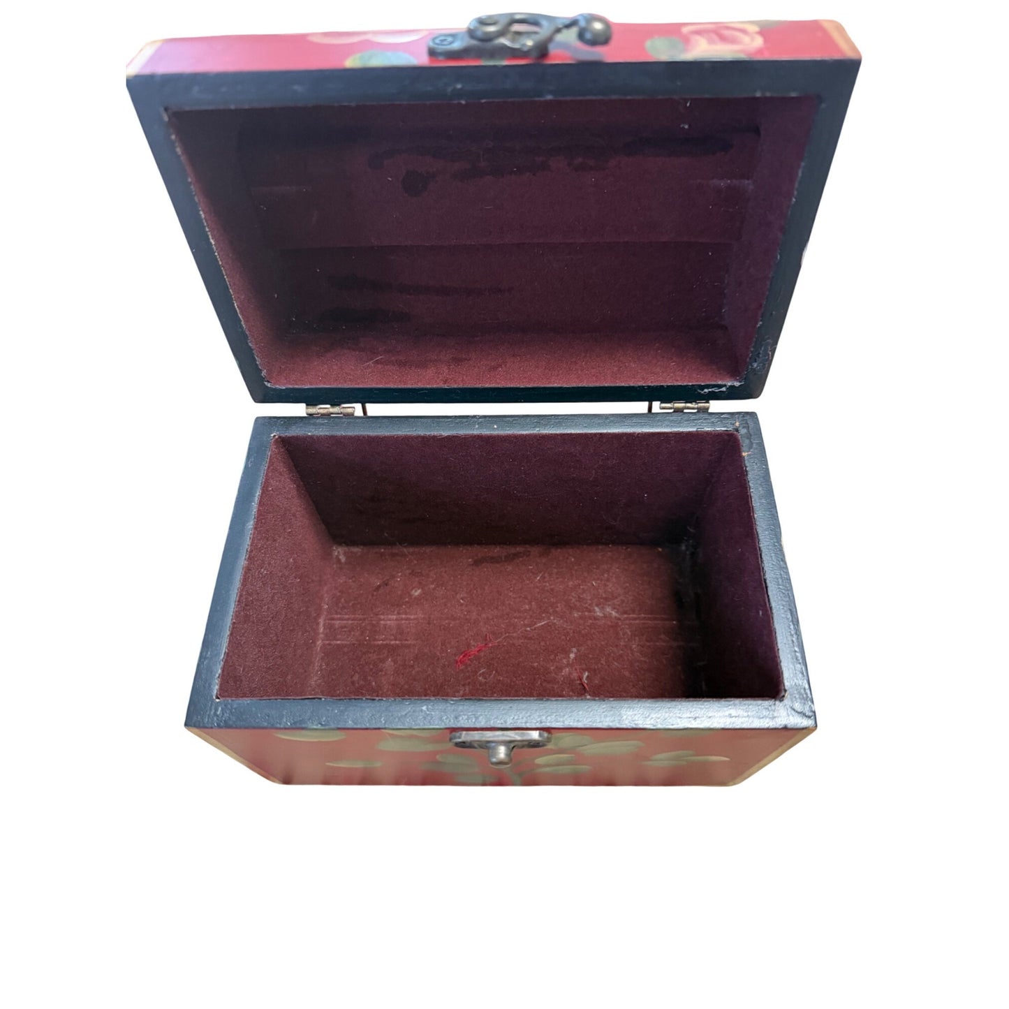 Vintage Hand Painted Floral Wooden Treasure Chest Jewelry Box Red Roses Emrad Creations