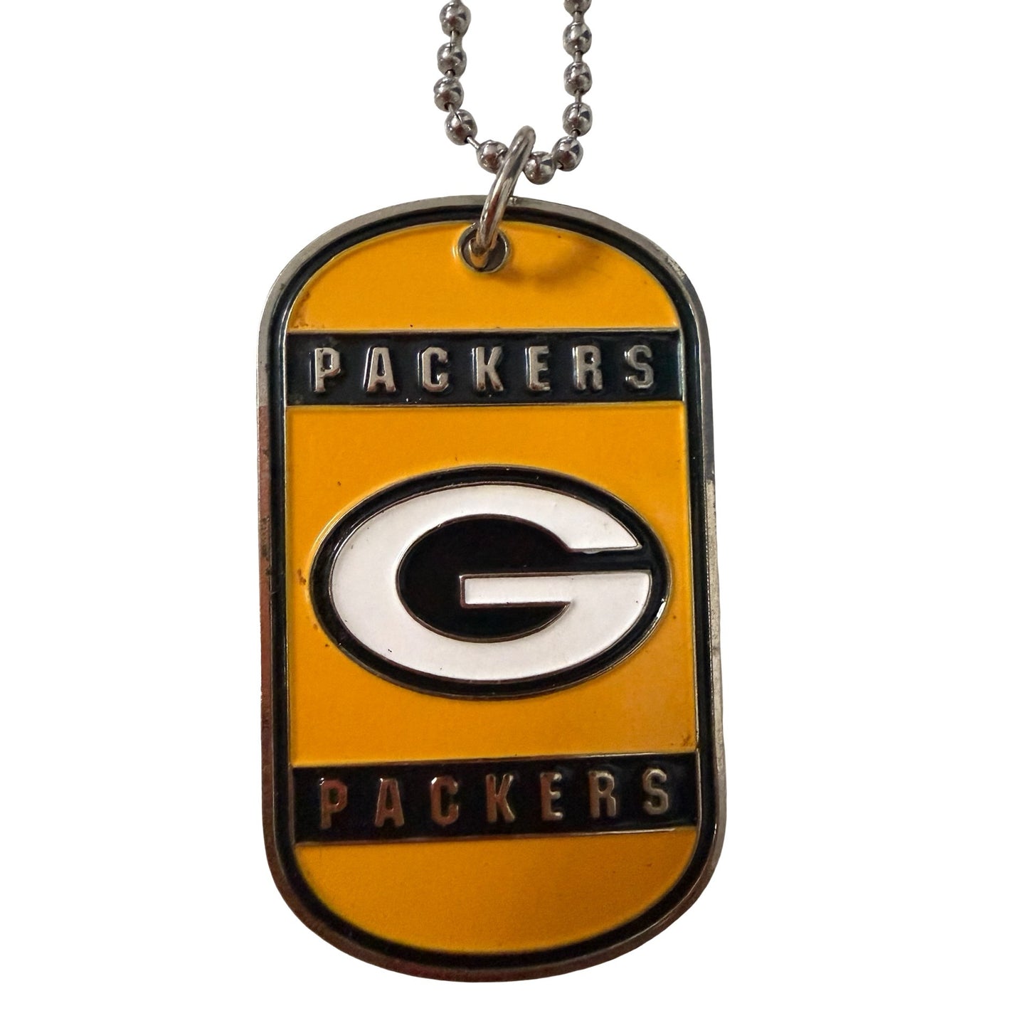 Vintage Green Bay Packers Dog Tag Necklace Yellow Black Enamel Football Fan Pendant 34"