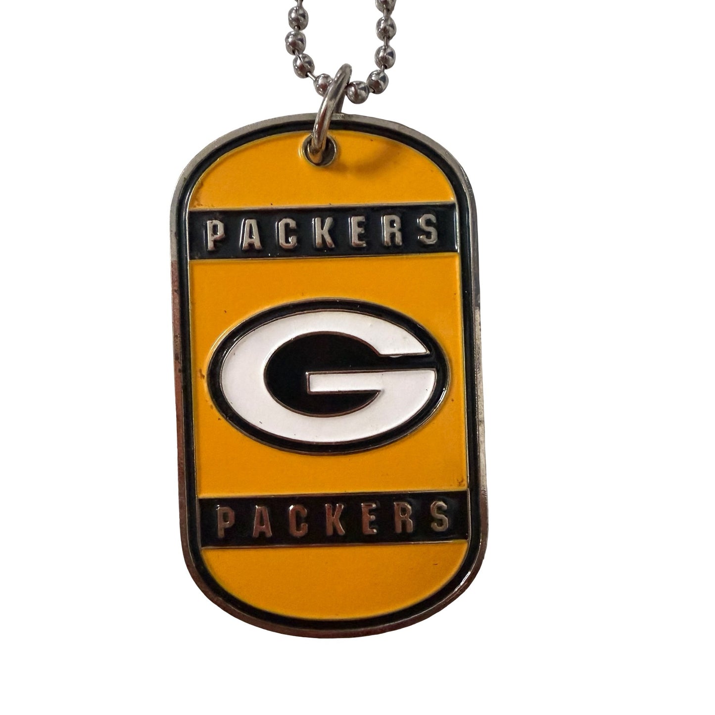 Vintage Green Bay Packers Dog Tag Necklace Yellow Black Enamel Football Fan Pendant 34"