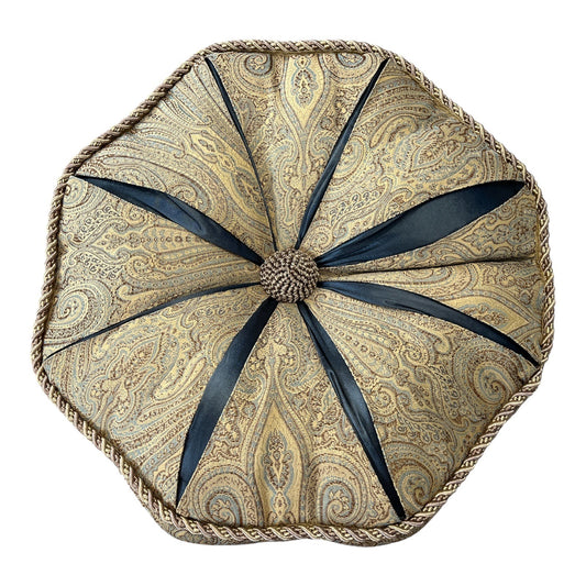 Vintage EDIE, Inc. Octagon Decorative Throw Pillow – Jacquard Paisley with Satin Ribbon Panels and Braided Trim – 1990s