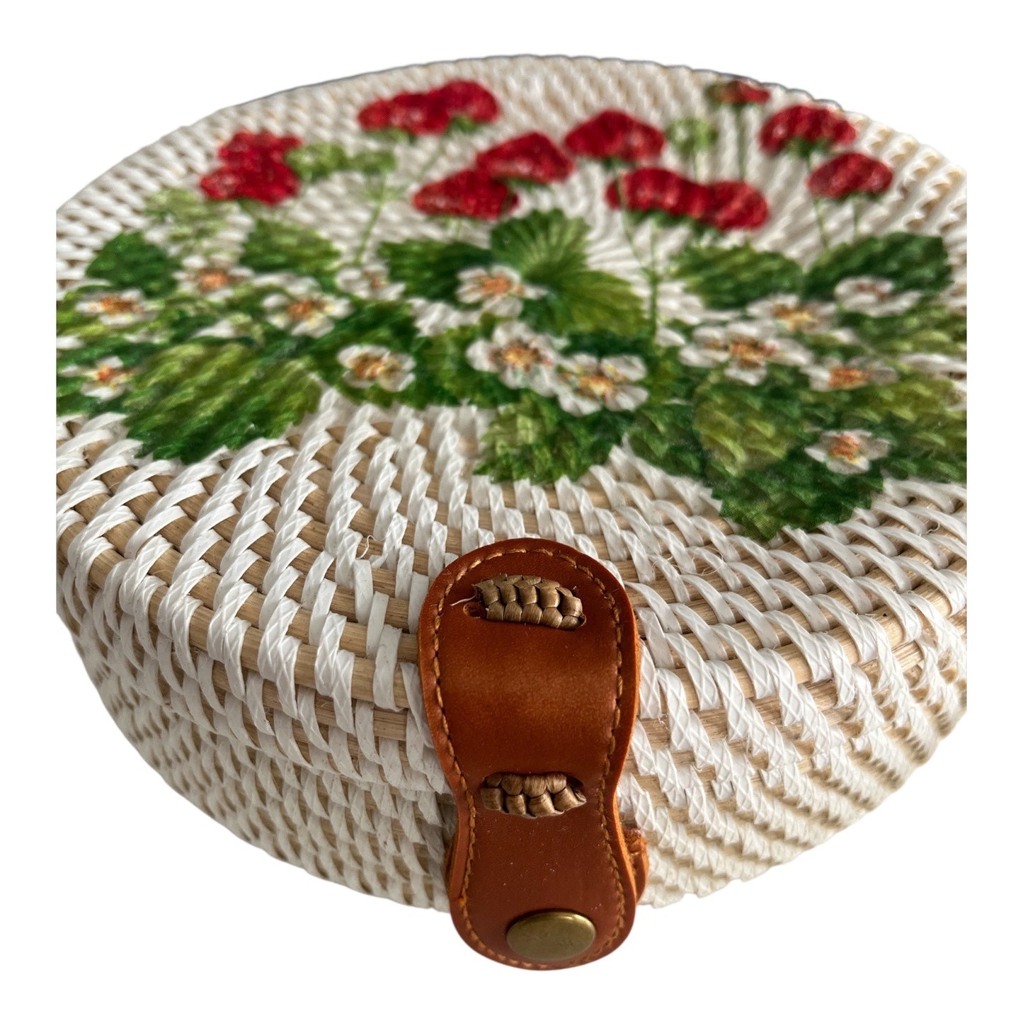 Handwoven Round Rattan Bag with Painted Strawberries – Boho Crossbody Purse NEW