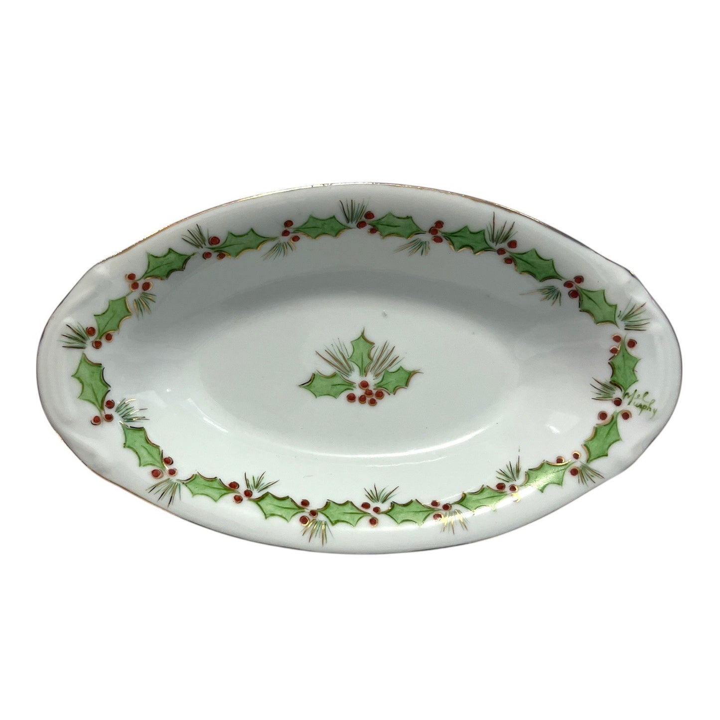 Vintage Hand-Painted Christmas Holly Oval Porcelain Bowl – Gold Trim