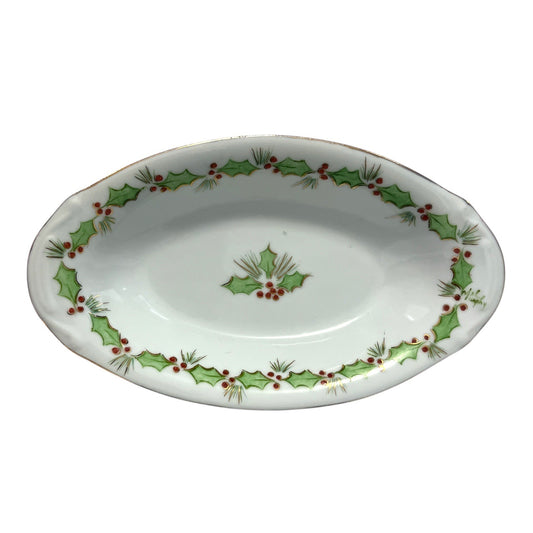 Vintage Hand-Painted Christmas Holly Oval Porcelain Bowl – Gold Trim
