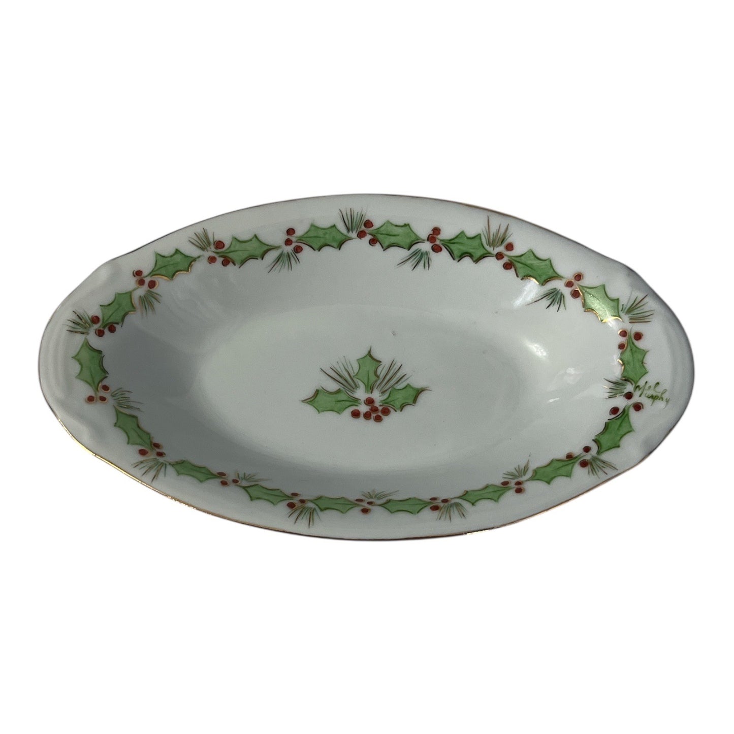 Vintage Hand-Painted Christmas Holly Oval Porcelain Bowl – Gold Trim