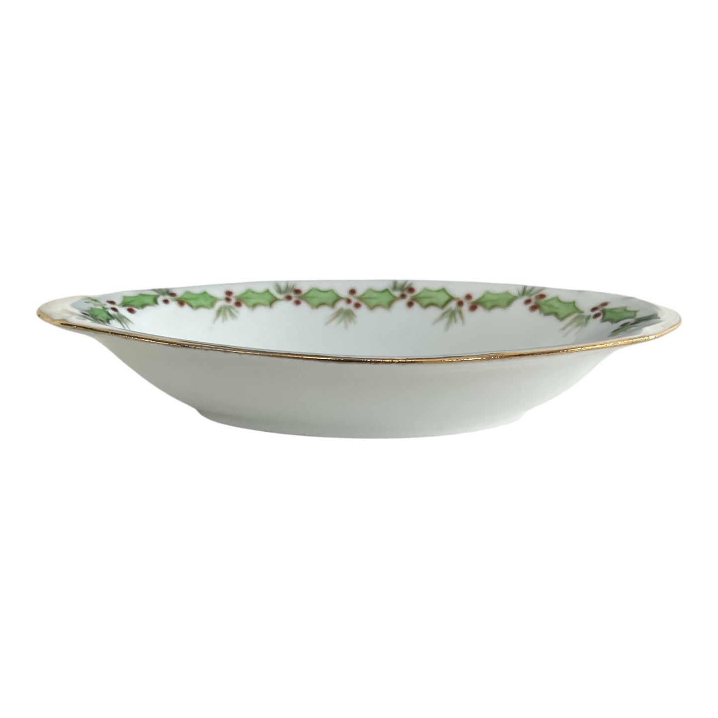 Vintage Hand-Painted Christmas Holly Oval Porcelain Bowl – Gold Trim
