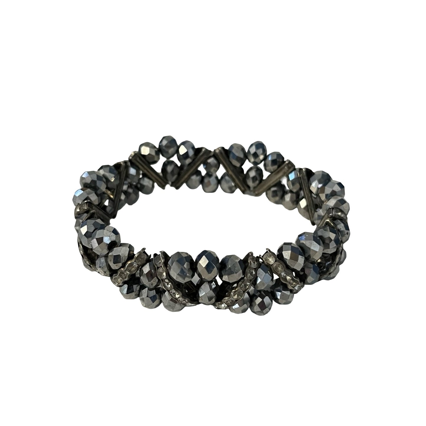 Faceted Hematite Bead Stretch Bracelet Black Metallic Crystal Chunky Stackable