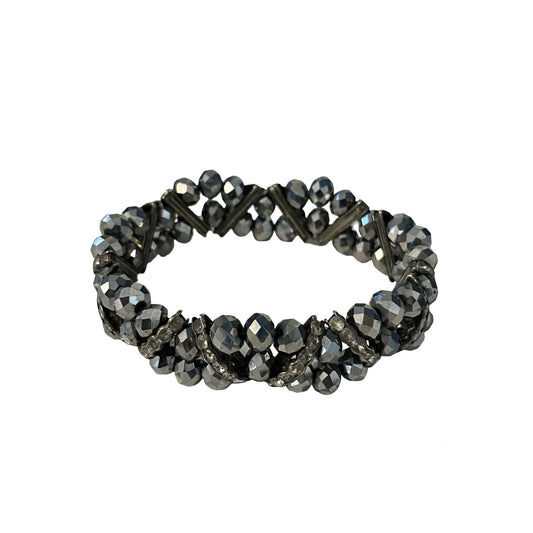 Faceted Hematite Bead Stretch Bracelet Black Metallic Crystal Chunky Stackable