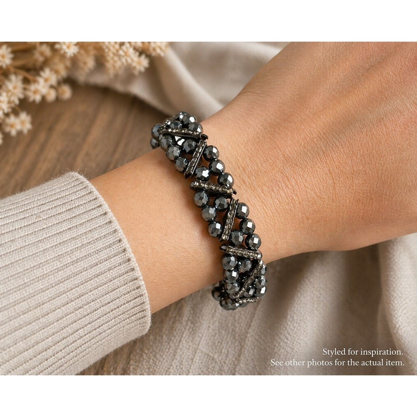 Faceted Hematite Bead Stretch Bracelet Black Metallic Crystal Chunky Stackable