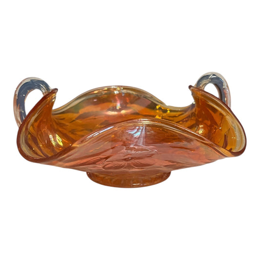 Vintage Iridescent Carnival Glass Style Dish with Clear Handles | Amber Ruffled Edge Bowl | Starburst Base
