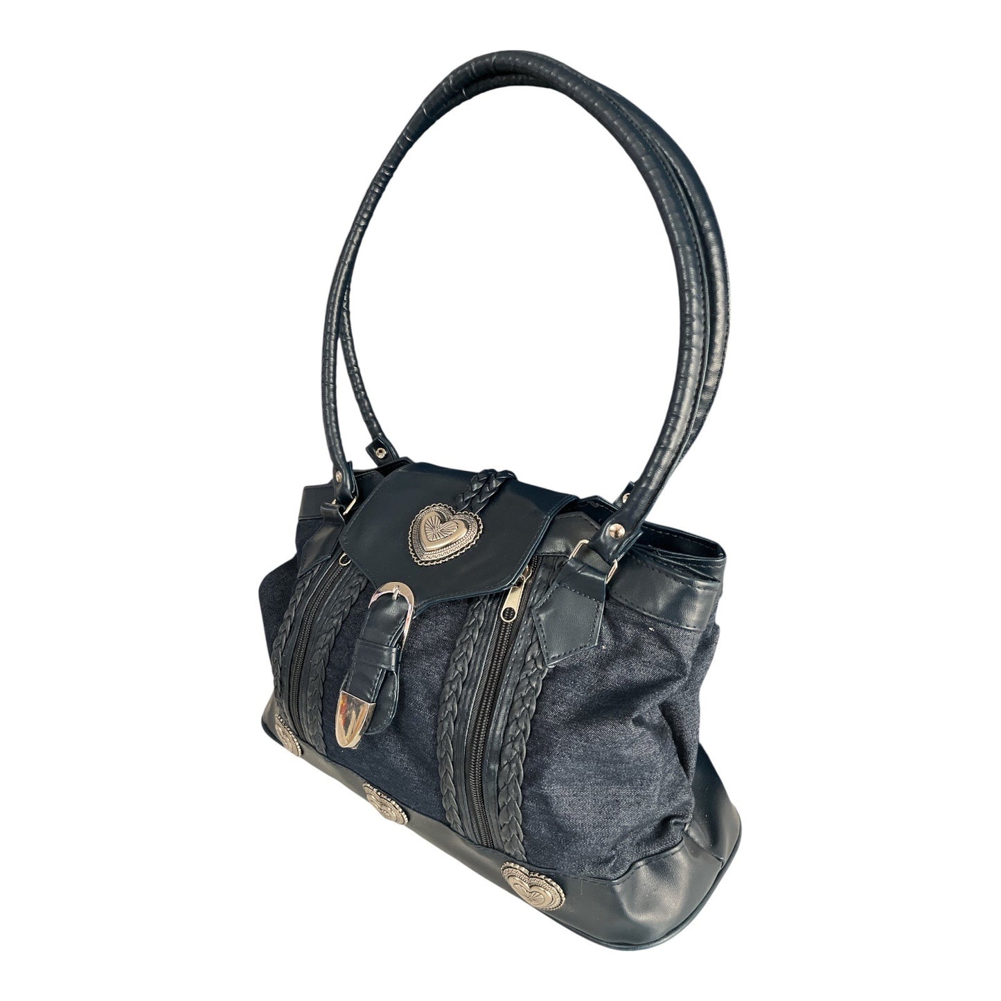 VTG Western-Inspired Dark Navy Blue Denim & Faux Leather Handbag