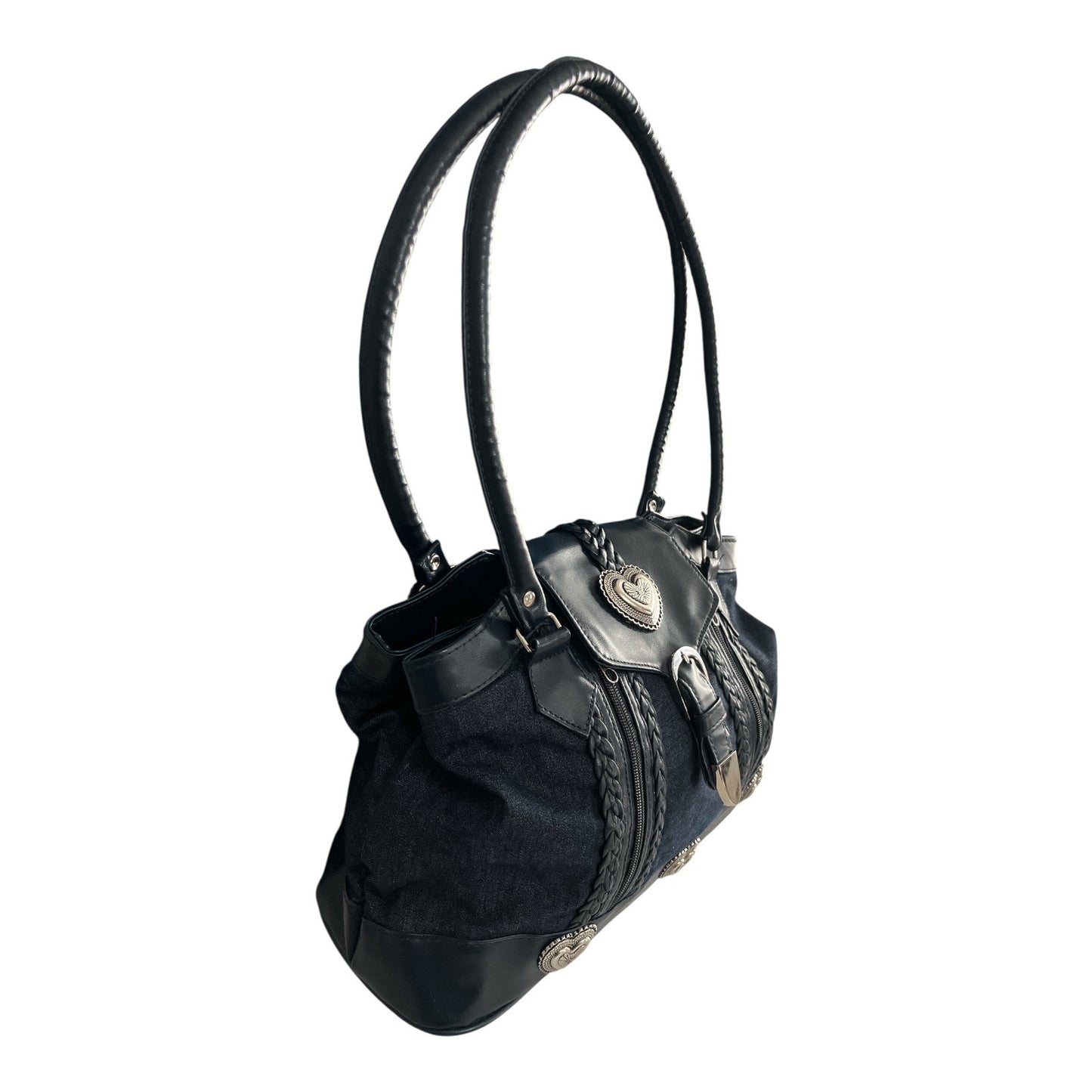 VTG Western-Inspired Dark Navy Blue Denim & Faux Leather Handbag