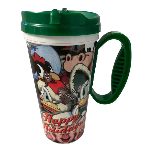 Disney Parks Holiday Travel Mug – Mickey, Minnie, Donald, Goofy & Friends – Green Lid – 2010s