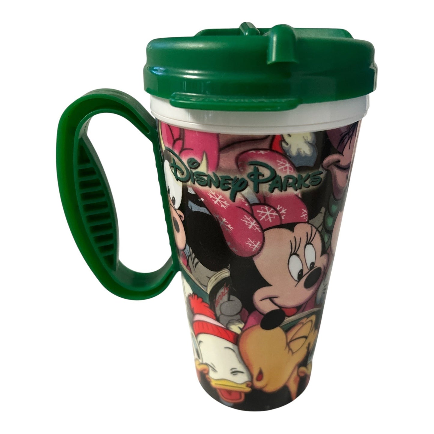 Disney Parks Holiday Travel Mug – Mickey, Minnie, Donald, Goofy & Friends – Green Lid – 2010s