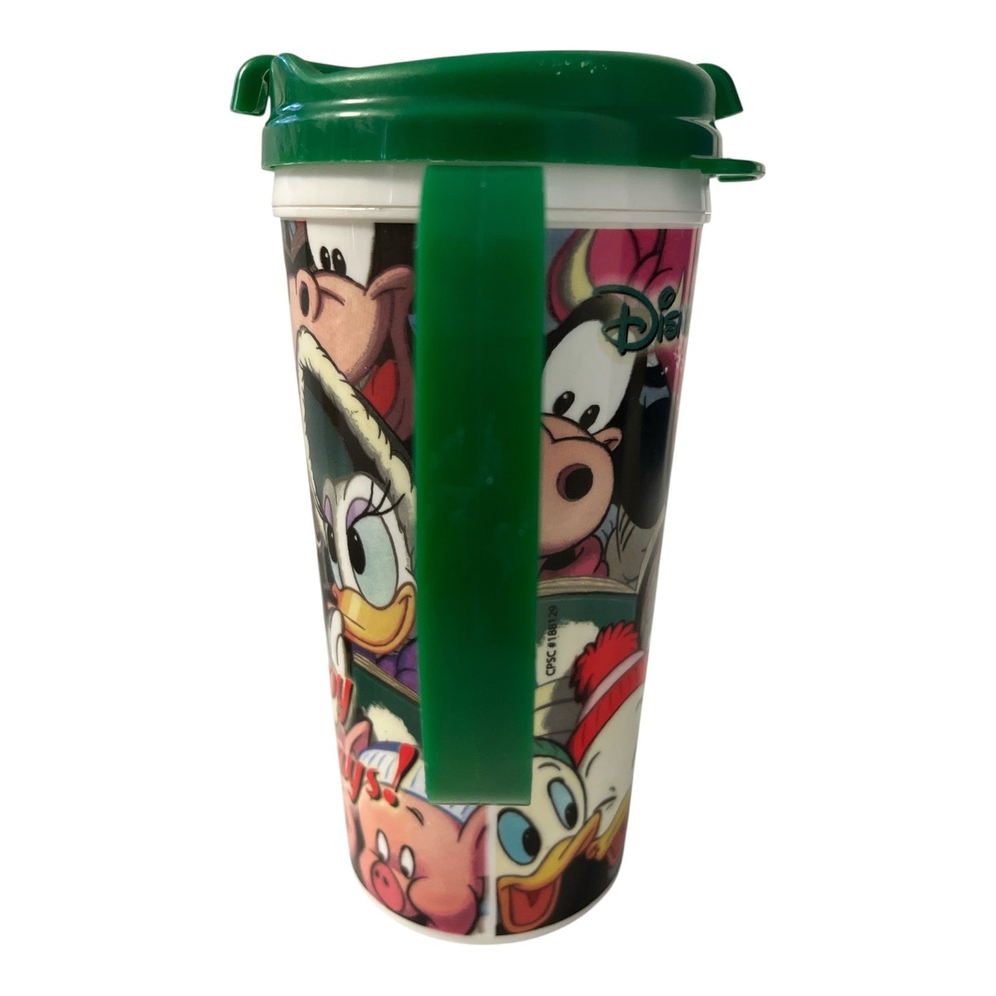 Disney Parks Holiday Travel Mug – Mickey, Minnie, Donald, Goofy & Friends – Green Lid – 2010s