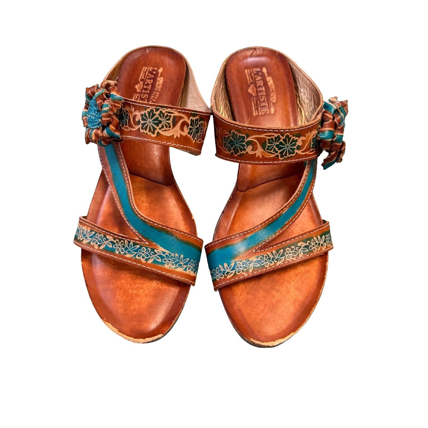 Spring Step L’Artiste Leather Floral Sandals Womens Size 41 Brown Teal Heeled Slides Boho