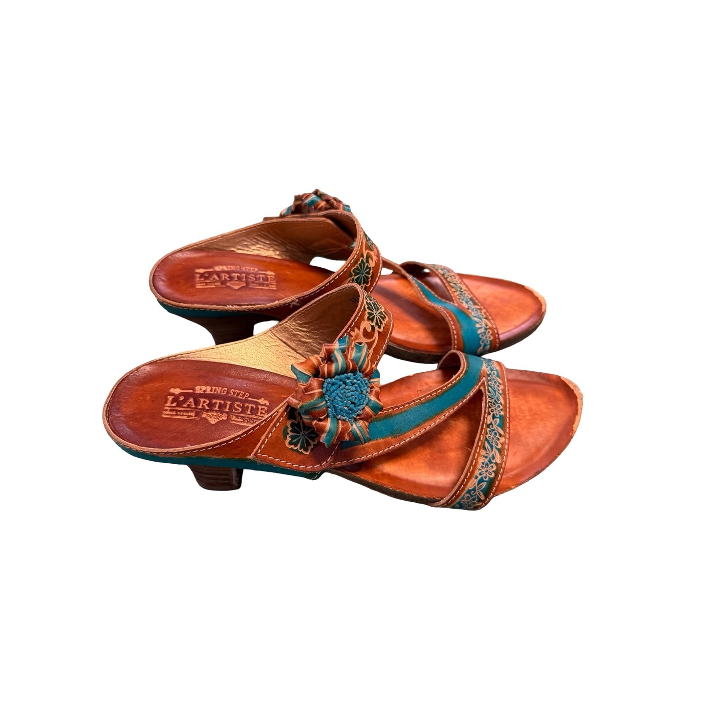 Spring Step L’Artiste Leather Floral Sandals Womens Size 41 Brown Teal Heeled Slides Boho