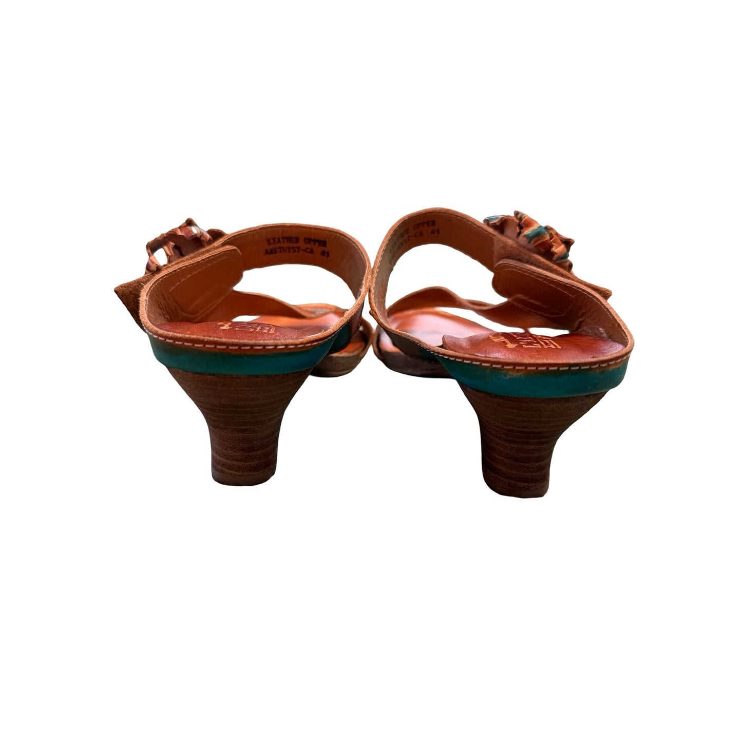 Spring Step L’Artiste Leather Floral Sandals Womens Size 41 Brown Teal Heeled Slides Boho