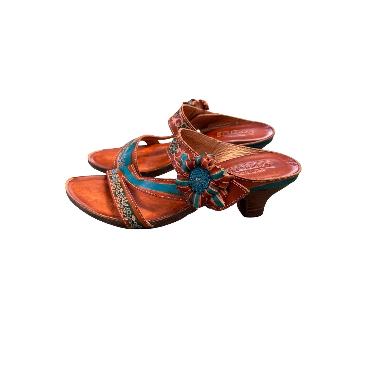 Spring Step L’Artiste Leather Floral Sandals Womens Size 41 Brown Teal Heeled Slides Boho