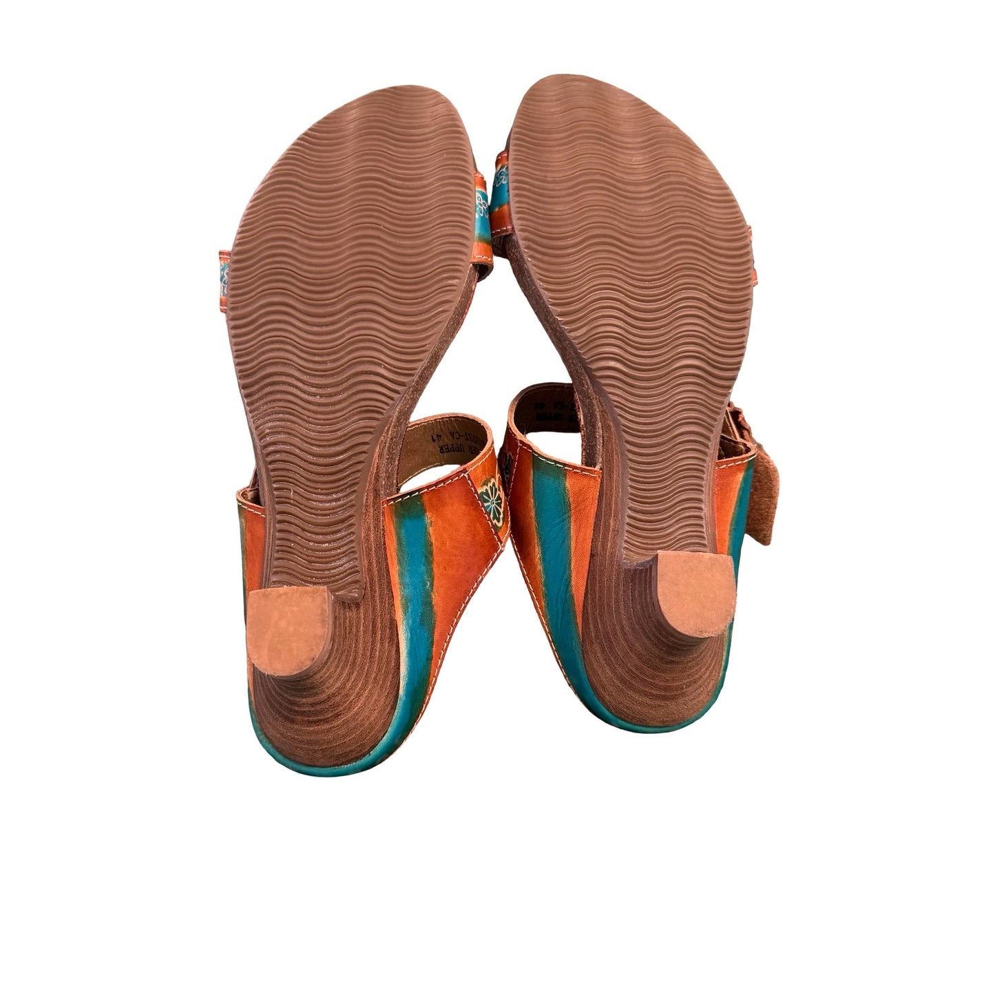 Spring Step L’Artiste Leather Floral Sandals Womens Size 41 Brown Teal Heeled Slides Boho