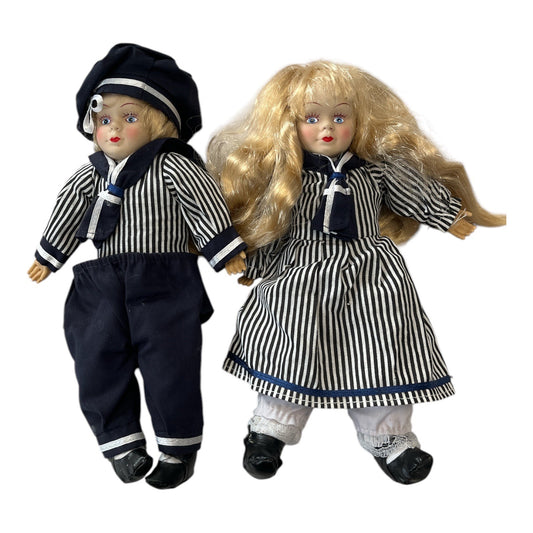 Vintage German Porcelain Sailor Doll Pair Boy Girl Maritime Set 10 Inch