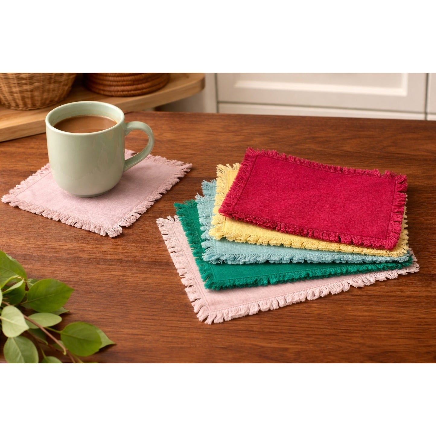 Set 5 Mini Placemats Linen Fringed Multicolor Small Table Mats 8x5