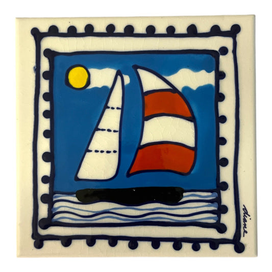 Diane Artware Wall Tile or Trivet – 6” Handpainted Sailboat Nautical Decor (1990s–2000s)
